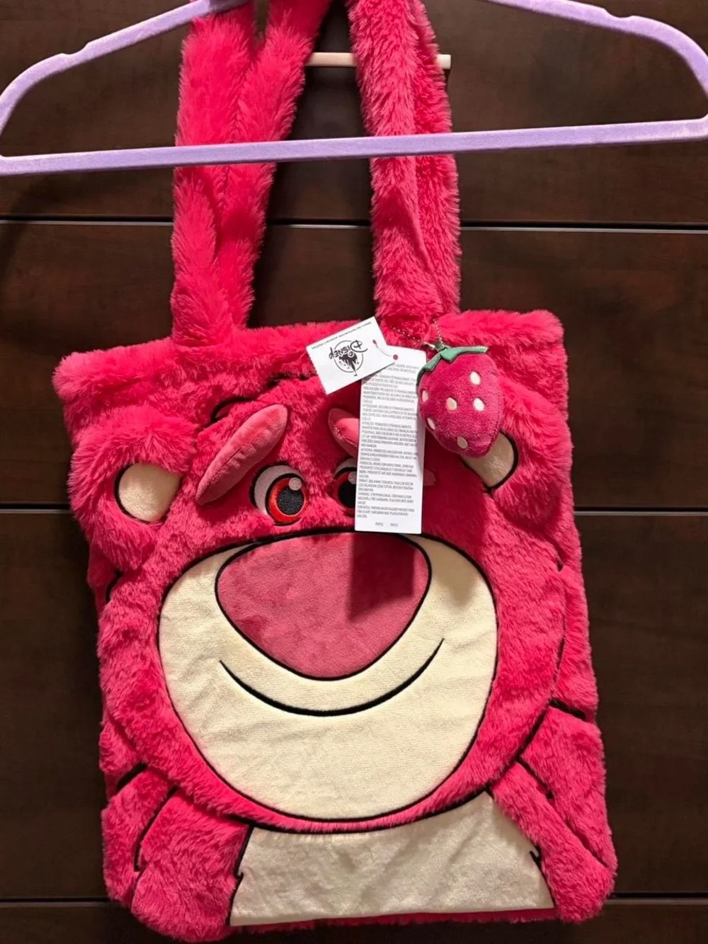 Disney Hot Pink Plush Character Tote with Strawberry Charm